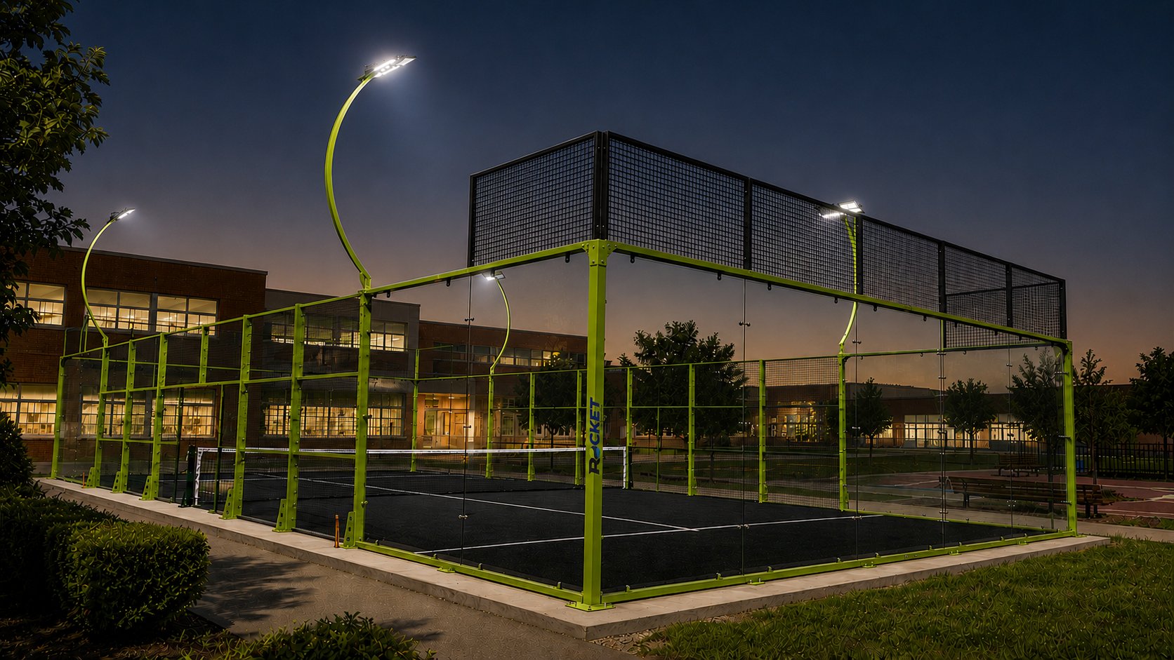 Cancha de pádel Rocket Sport completa con estructura verde lima